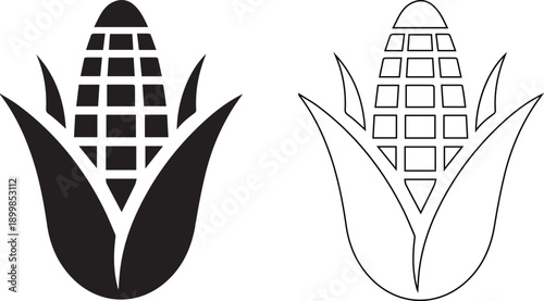 Black and white illustration of an ear of corn with leaves  agricultural symbol. eps
