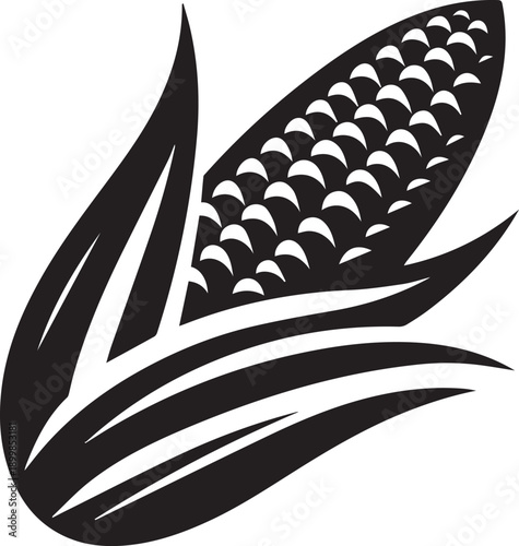 Black and white illustration of an ear of corn with leaves  agricultural symbol. eps
