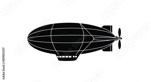 A stark black silhouette of a classic airship featuring a propeller