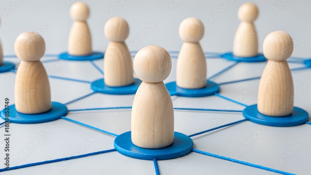 Obraz premium Teamwork and Network Concept – Wooden Peg Figures Connected by Blue Lines, Collaboration, Social Structure, Interpersonal Communication