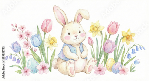 Cute Watercolor Easter Bunny with Spring Flowers and Eggs, Pastel Illustration on White Background
