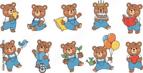 Cute Teddy Bear Character Vector Set with Adorable Cartoon Bear in Fun Activities, Birthday Celebration, and Playful Poses Illustration Style