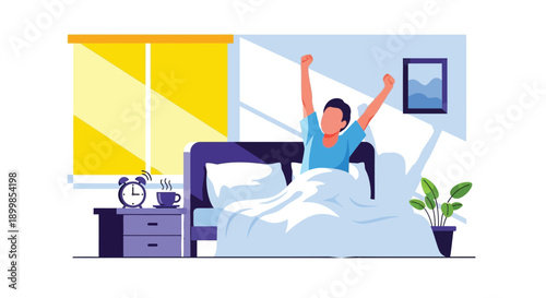 A person stretches and wakes up in a brightly lit bedroom