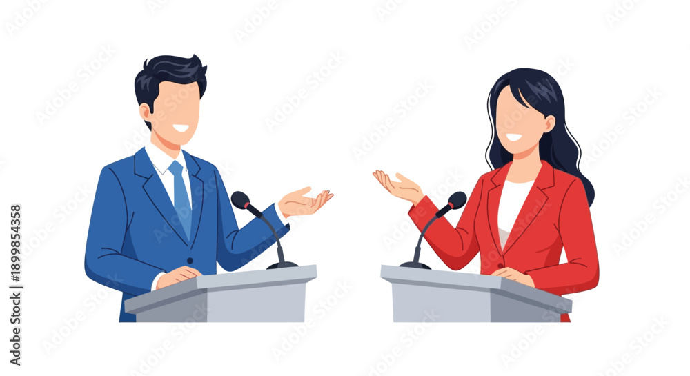 Fototapeta premium Two professionals are engaged in a formal discussion at podiums
