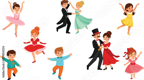 Dance Character Vector Set with Kids and Couples Performing Ballet and Ballroom Dancing in Elegant Costumes Flat Cartoon Illustration Style