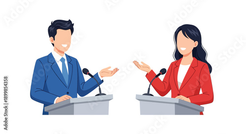 Two professionals are engaged in a formal discussion at podiums