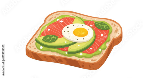 A colorful toast topped with salmon avocado and a fried egg