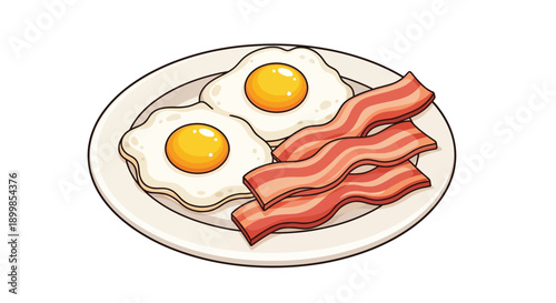 A colorful illustration depicts two fried eggs and several strips of bacon