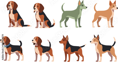 Dog Breed Character Vector Set with Cute Cartoon Dogs in Different Standing and Sitting Poses for Pet and Animal Illustration Design