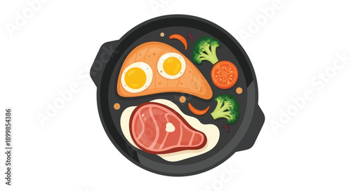 A colorful breakfast illustration featuring eggs meat and vegetables in a pan