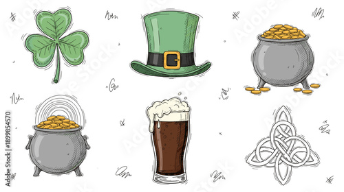 Saint Patrick's Day Elements: Luck Gold Beer Shamrock Hat and Celtic Knots
