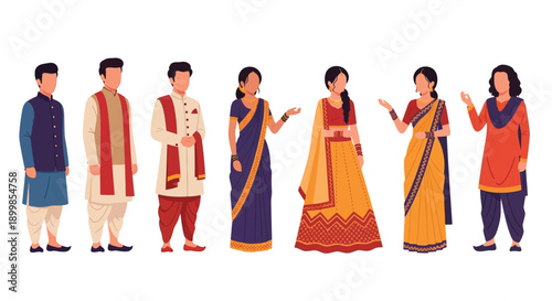 A group of people in traditional indian clothing standing in a row