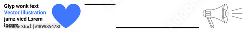 Social media, marketing, digital communication, love messages, advertising, promotion. Blue heart connected to megaphone by a line. Social media and marketing communication concept