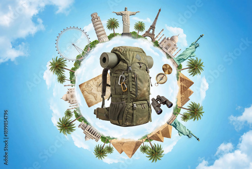 Green backpack on globe with world landmarks