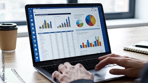 A person's hands are actively typing on a laptop keyboard, displaying various business charts and data analytics on the screen in an office setting.
