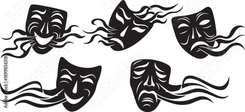 Theatrical masks with various emotions and expressions on display