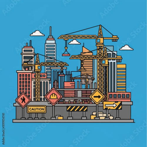 Vibrant cityscape under construction with cranes and skyscrapers