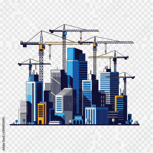 Vibrant cityscape with construction cranes and modern skyscrapers