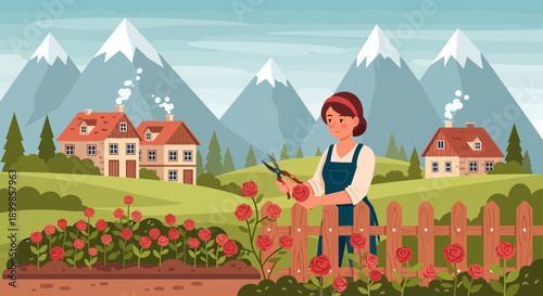 Cartoon woman gardening with roses in a picturesque landscape with mountains and cozy houses in