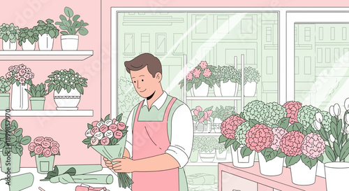 Charming Florist Arranging a Bouquet in a Floral Shop, Surrounded by Shelves Full of Blooms