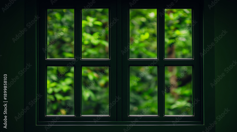 Fototapeta premium Quiet green window surrealism nature frame focus leaf pattern minimal calm view from inside home interior tranquil light soft blur abstract background