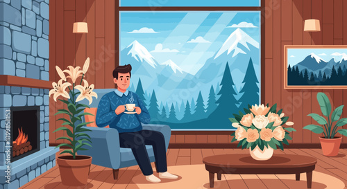 Cozy Mountain Retreat: Man Relaxing with Coffee by Fireplace