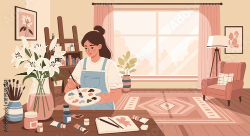 Creative artist in her sunny studio painting with light and airy atmosphere, showcasing cozy