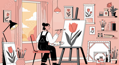 Creative Artist Painting Floral Still Life in Cozy Home Studio