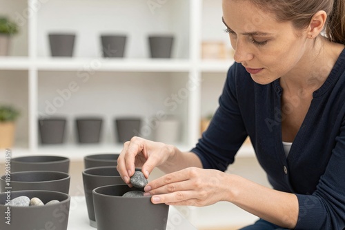 A woman in a modern, minimalist workspace, surrounded by potted plants and neatly arranged ceramic bowls