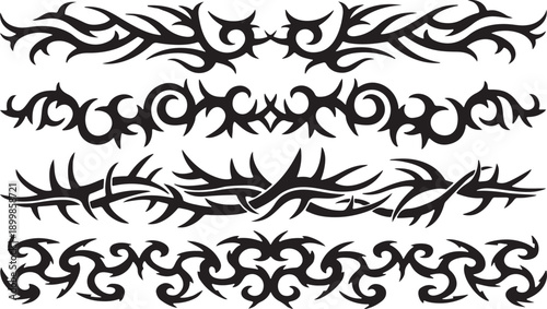 A vintage set of black tribal tattoo designs featuring ornate floral patterns, scroll swirls, and decorative vector elements for an elegant flourish border or frame