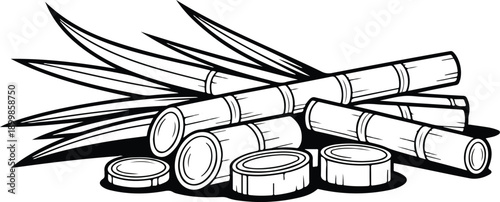 Black and White Sugarcane Illustration Stalks and Cut Pieces Vector