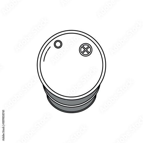 Overhead view of an industrial oil barrel icon, signifying storage and containment of liquids, with a top cap and a warning symbol
