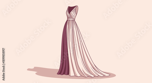 Elegant illustration of a two-toned flowing gown with a V-neck and long train.