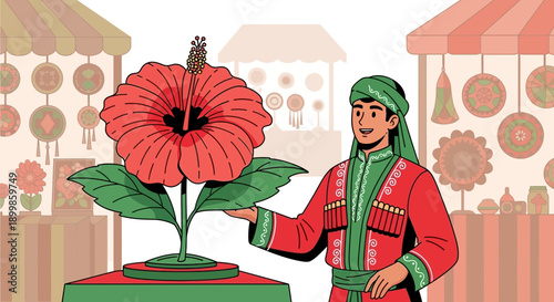 Man in Traditional Dress Admires Large Hibiscus Flower Display at an Outdoor Market, Featuring