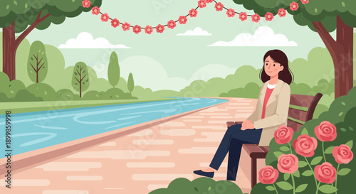 Peaceful Moment: Woman Relaxing on Bench in Park by River, Surrounded by Nature and Blooming Roses