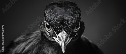 A sombre bird with a piercing gaze and textured feathers symbolises the mystery of nature, making it suitable for artistic backgrounds in tattoo designs.