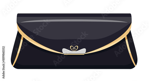 Elegant black clutch bag with gold accents and a decorative silver clasp.