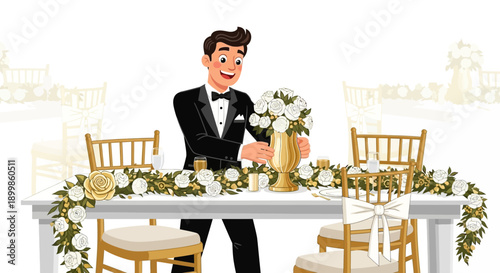 A groom making wedding decorations, adjusting flowers on a table, creating a beautiful ambiance