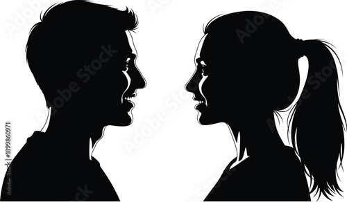 Man and woman face to face profile silhouettes, black human portraits showing communication and relationship concept, minimalist people illustration for psychology, dialogue, and social design