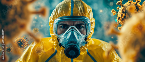 A specialist in protective clothing and a mask is surrounded by viruses, emphasising the danger of epidemics, which is relevant for medical publications or health information campaigns.