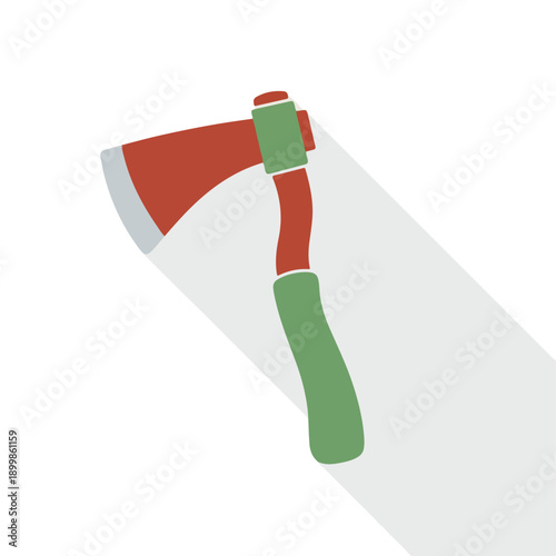 Flat design illustration of a red axe with a green handle and a long shadow, a stylized graphic icon representing a chopping tool for wood and forestry.