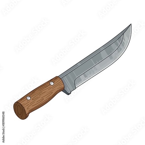 Vibrant cartoon illustration of a classic kitchen knife featuring a sturdy wooden handle and a sharp, gleaming metal blade, isolated on white.