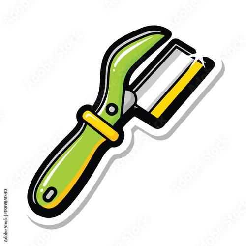 Green garden shears with yellow accents, isolated on white background, cartoon style illustration