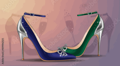 Elegant illustration of two high heels, one blue with a bow and one green, featuring silver accents and a subtle background with champagne flutes.