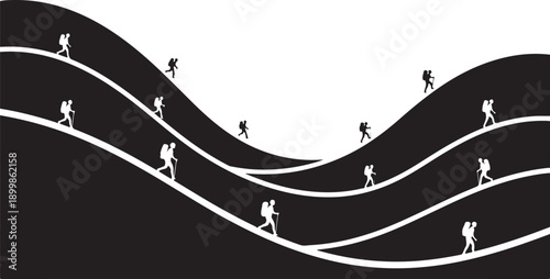 People running up wavy paths in a minimalist landscape
