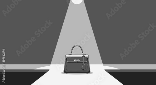 A luxury handbag illuminated by a single spotlight on a dark stage, emphasizing its elegant design and exclusivity.