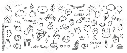 Sunny party doodle vector illustration with clouds, stars, gifts, balloons, rocket, bunny and cute icons in black and white. Hand drawn elements for stickers, cards, posters and kids projects.