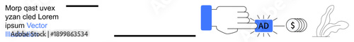 Online marketing, ad blocking, digital media, cost savings, consumer control, technology use. Graphic of a hand interacting with an ad button and dollar sign. Ad blocking and online marketing
