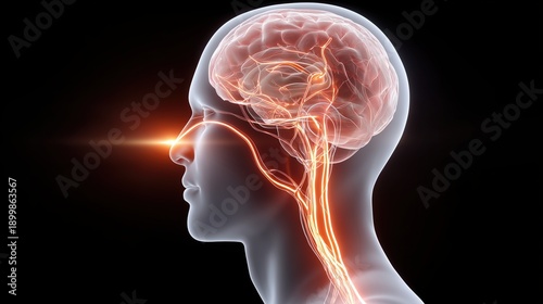 3D illustration of a human head profile showing brain and neural pathways with light beam