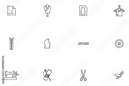 Sewing and tailoring line icons set, collection of garment making tools and equipment outline vector illustrations for needlework, dressmaking and hobby craft design